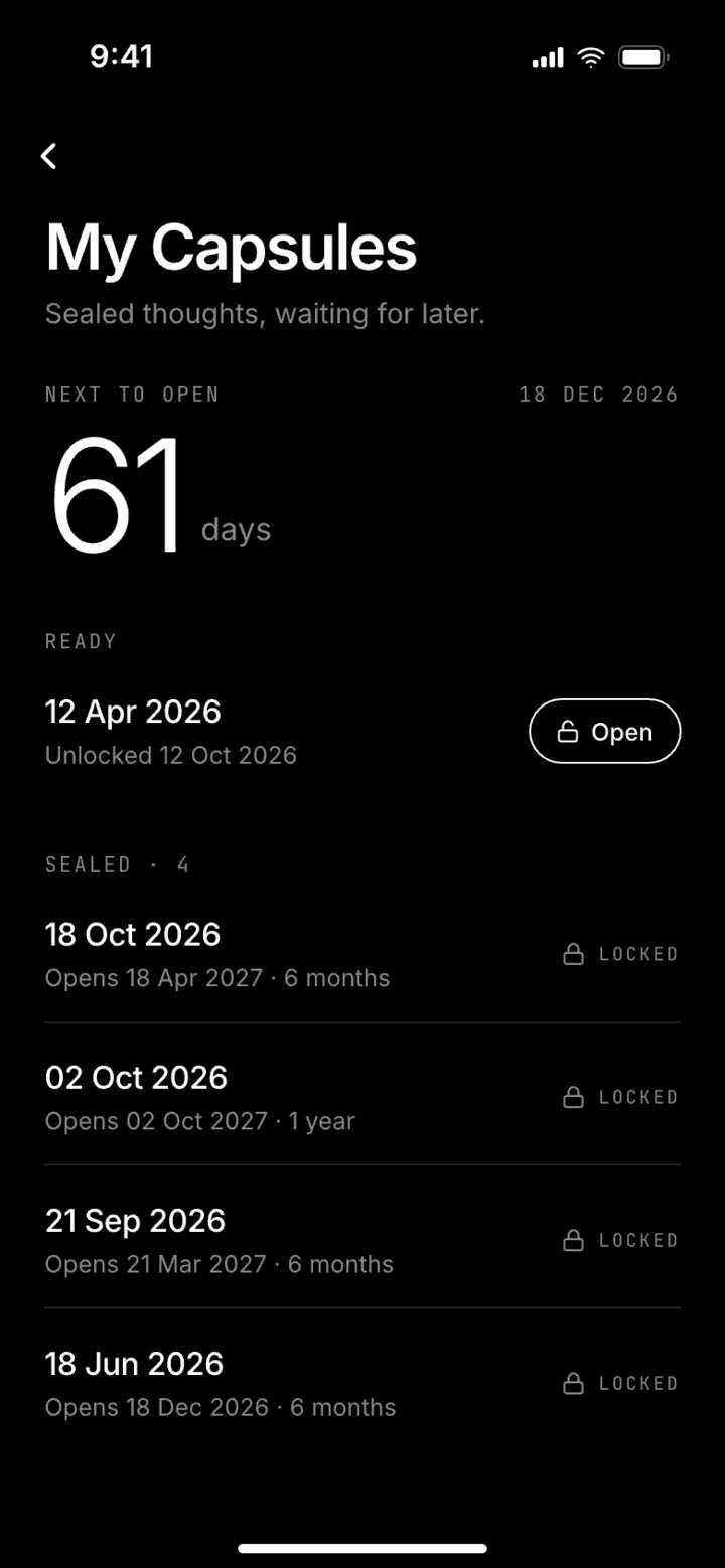BackBack “My Capsules” screen listing sealed capsules and the days left until each one opens.