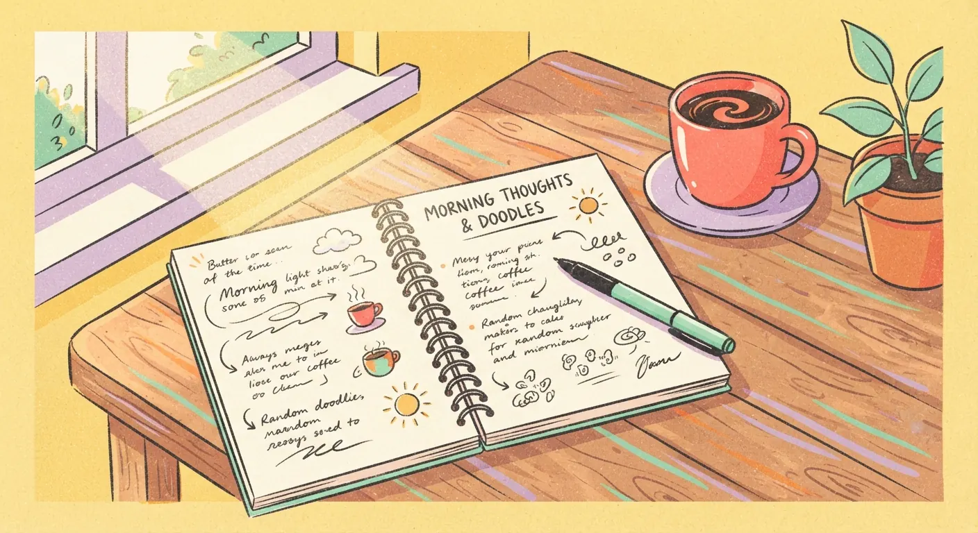 Illustration of an open notebook with handwritten pages, a pen and a cup of coffee on a sunny desk.