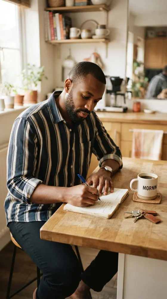 A man at a café table writing in a notebook before work, a coffee beside him.